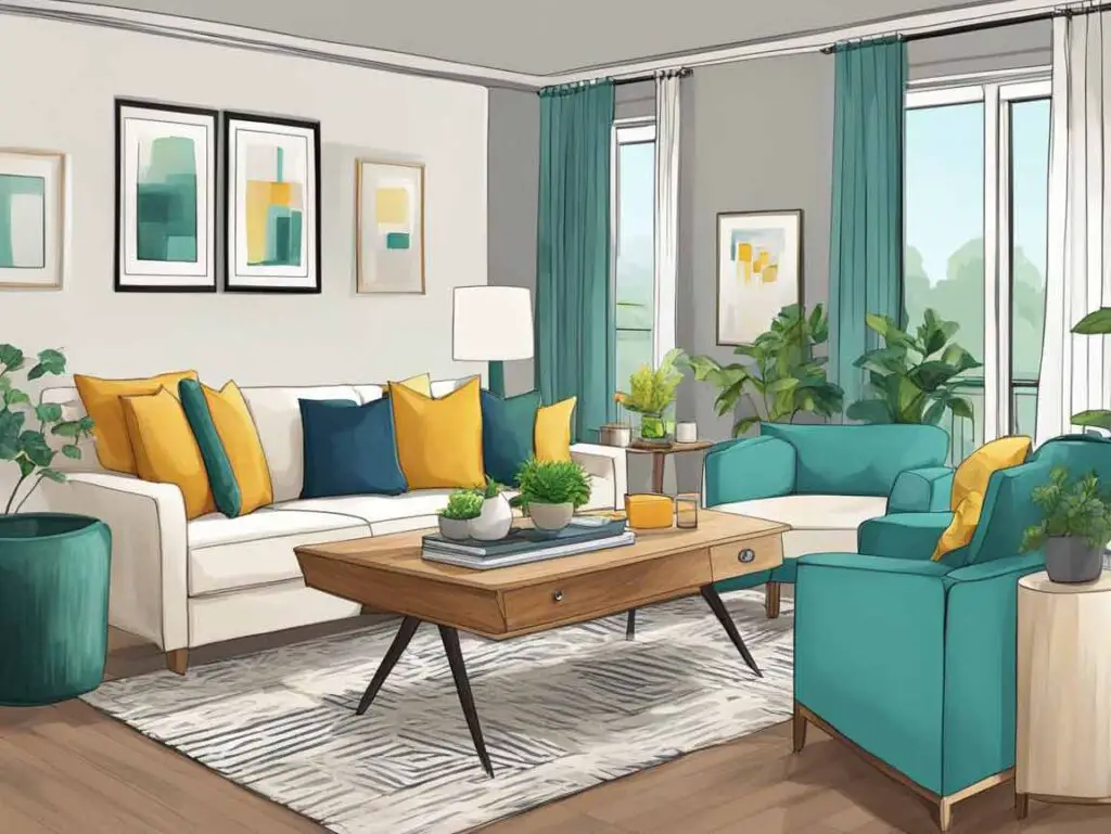 blue white gold living room illustration
