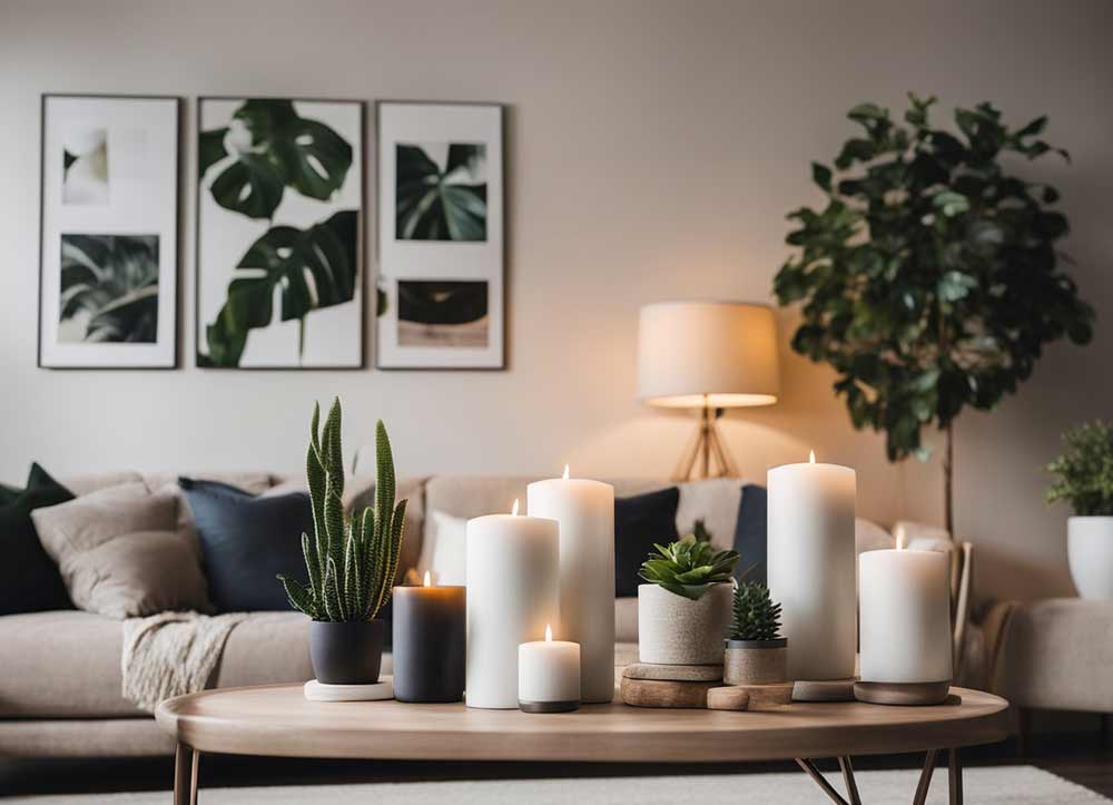 candles and plants on living room coffee table