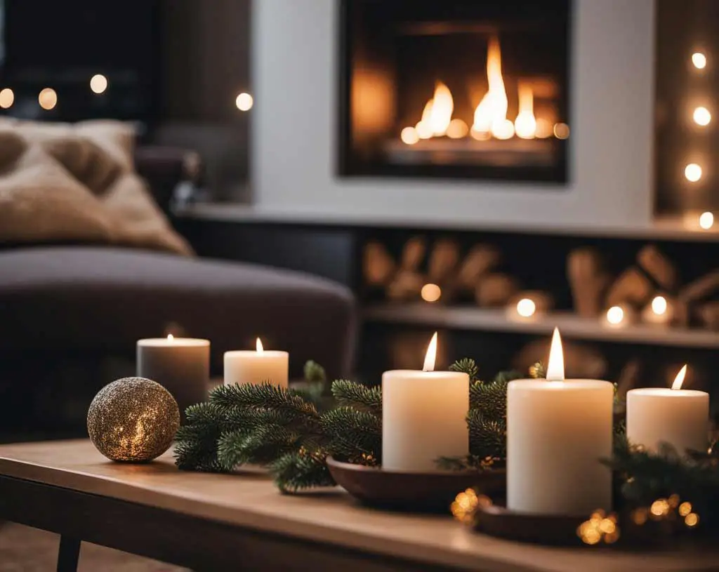 cosy fireplace and candles in living room