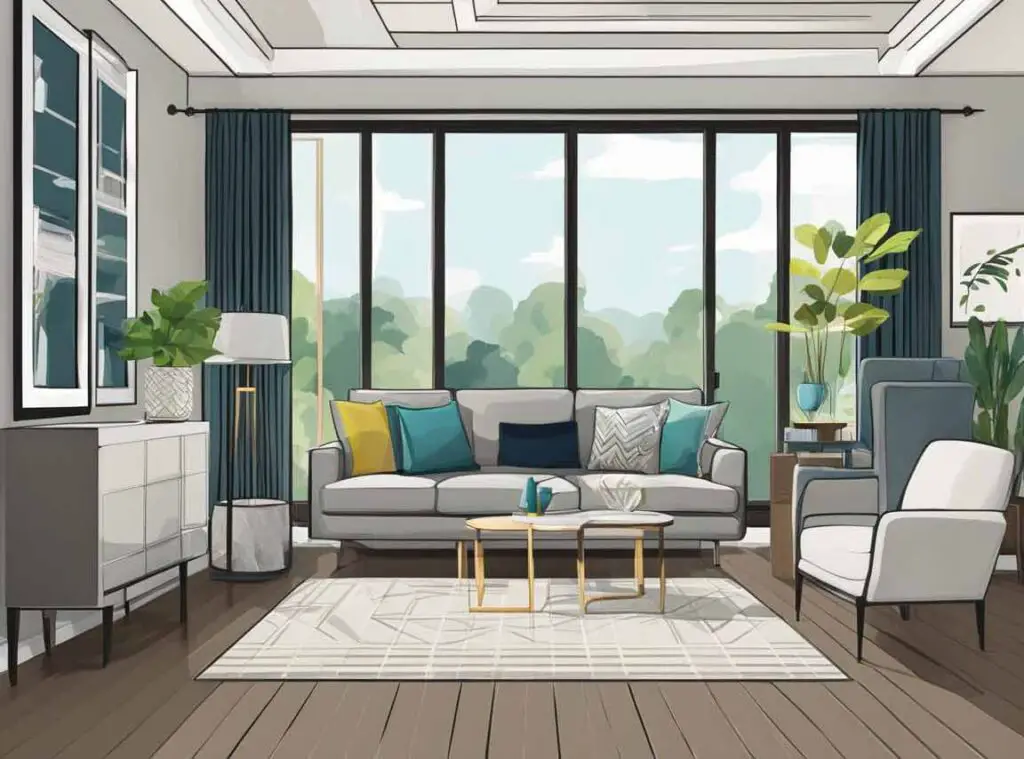 grey and blue living room illustration