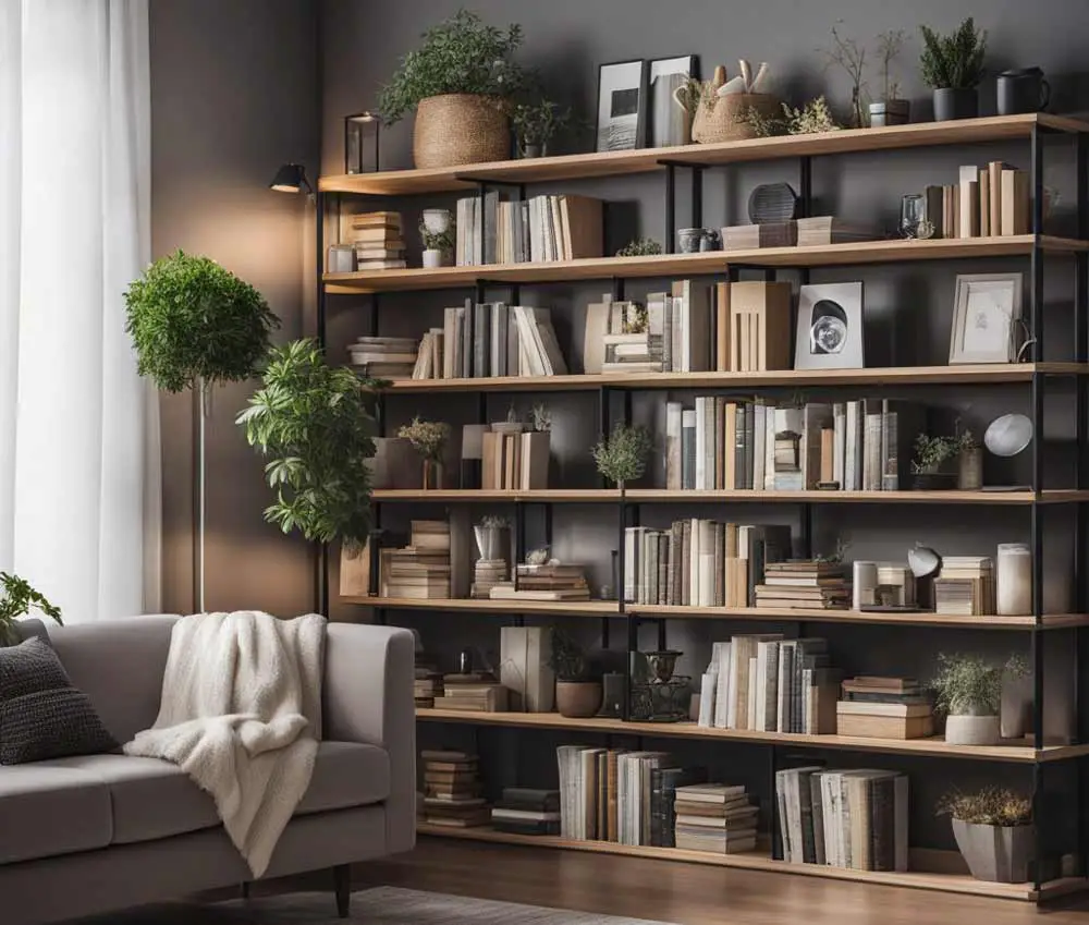 large corner bookshelf in living room