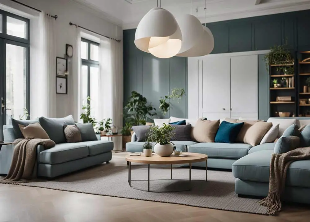 large living room with blue sofas