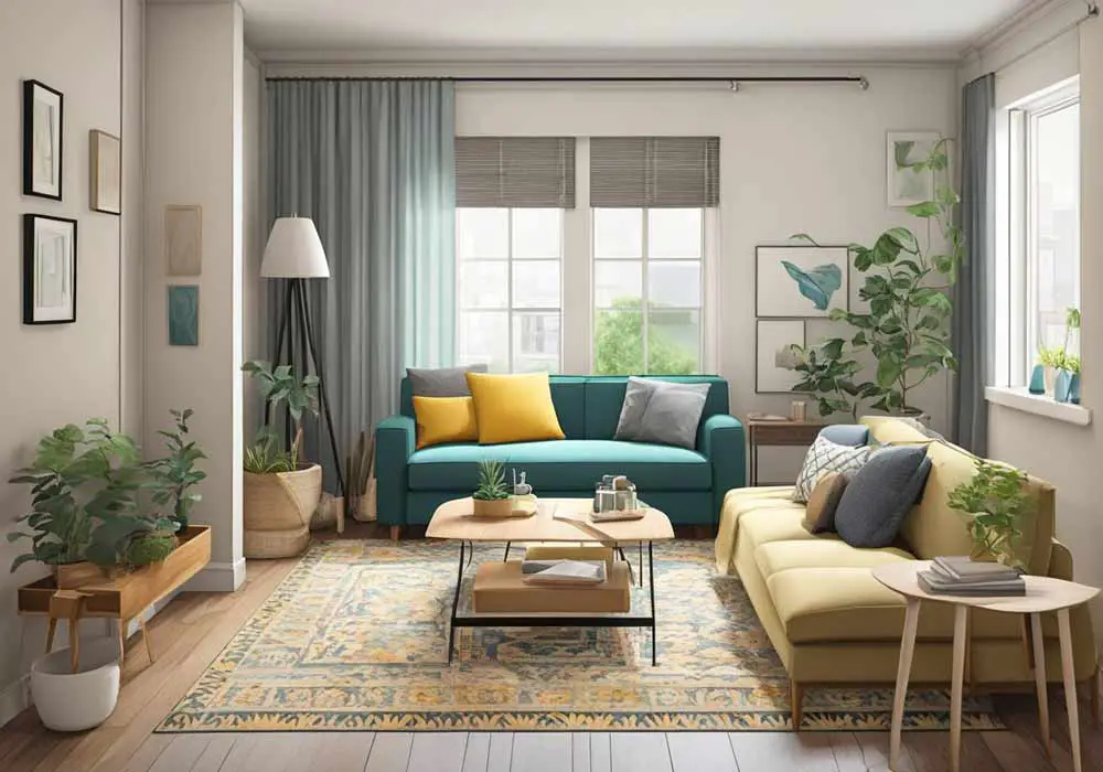 blue cream and grey living room illustration