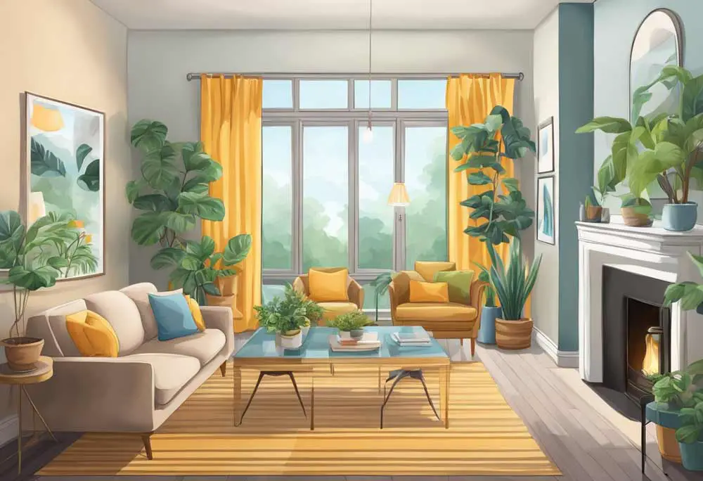 illustration of a beige grey and yellow living room