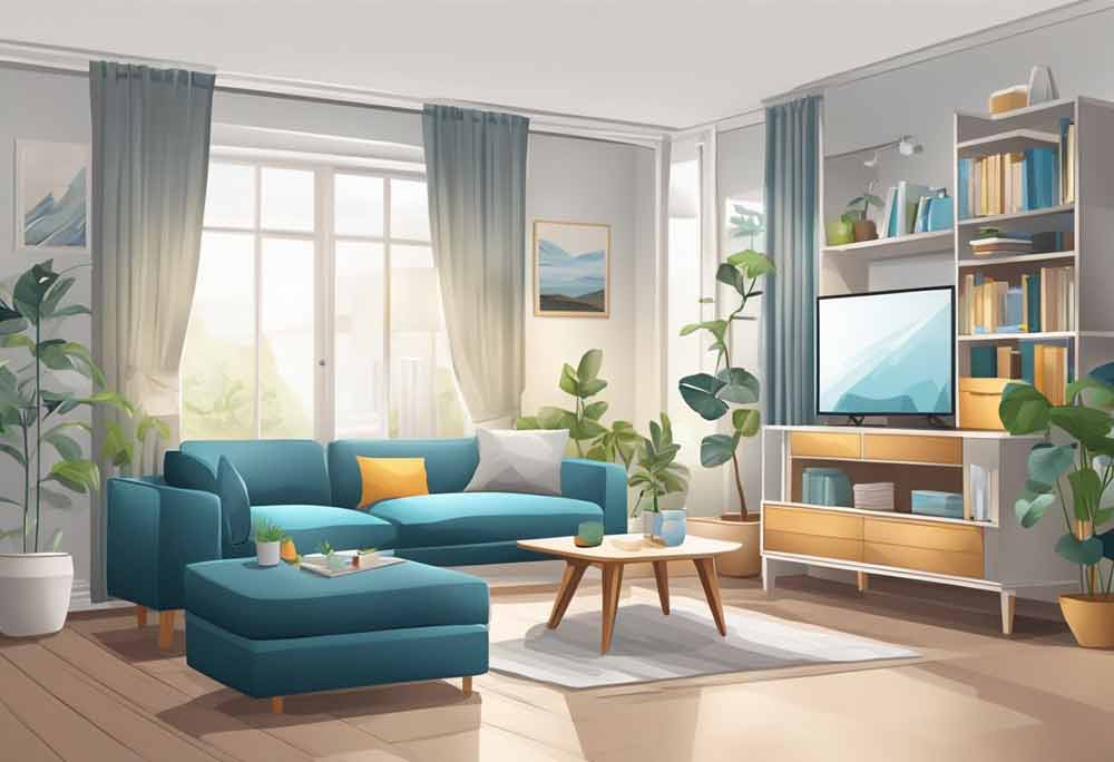 illustration of a tidy living room with blue sofa