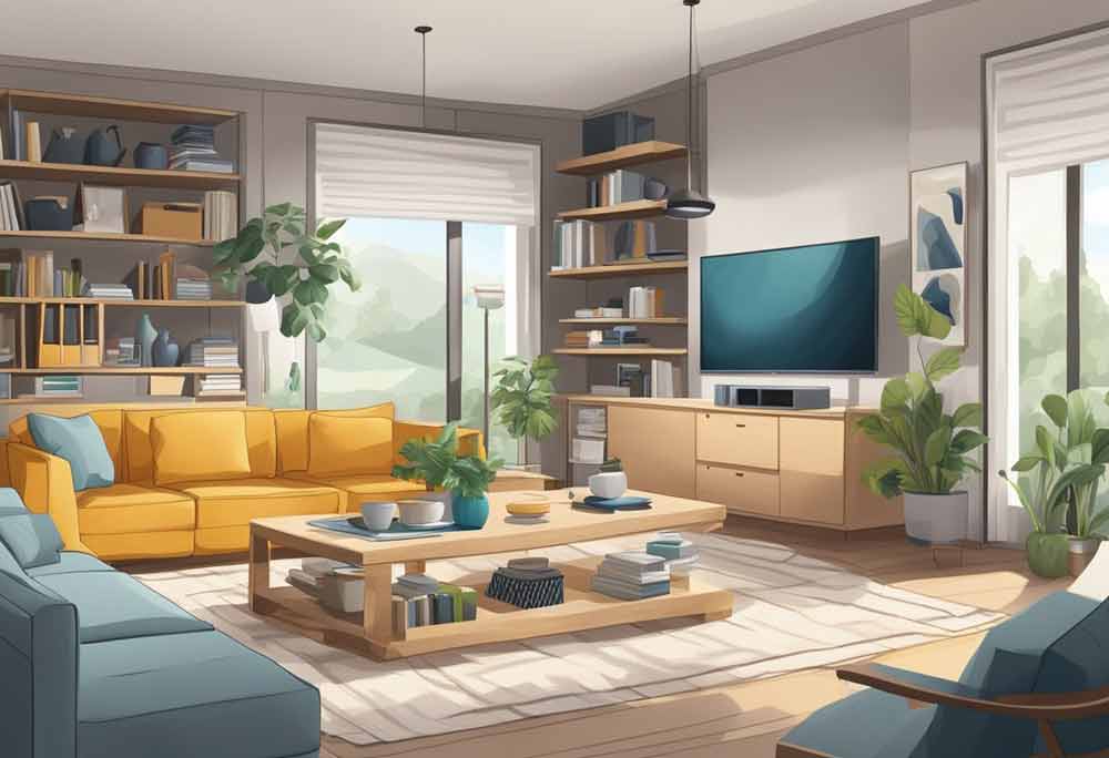 illustration of living room with built in storage shelves