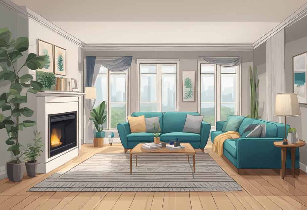 illustration of living room with fireplace and blue sofas